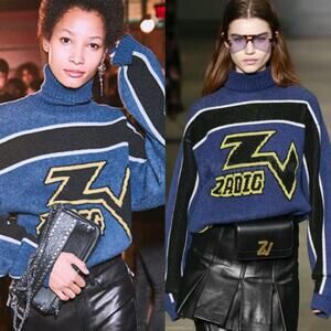 Zadig & Voltaire Défilé Runway Roy Biker Logo Jacquard Sweater Blue Black Yellow